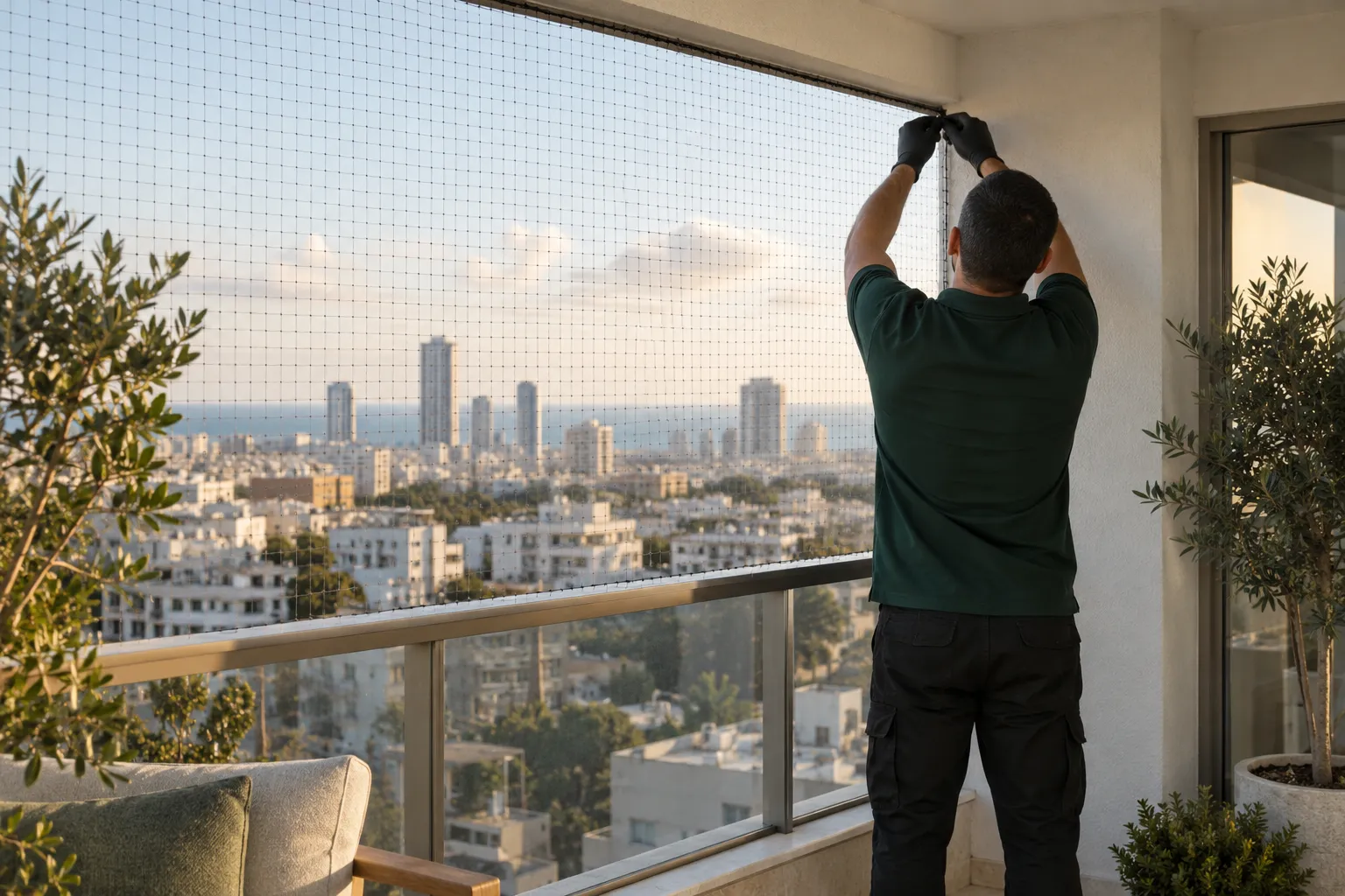 התקנת רשת נגד יונים במרפסת עם נוף עירוני